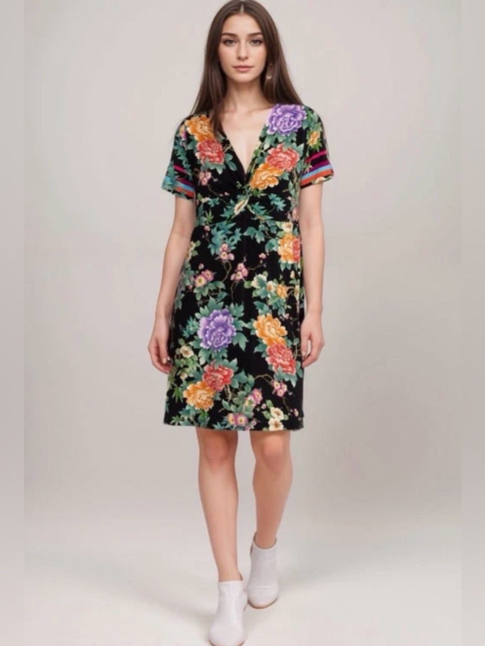 Johnny Was Black Floral Midi Dress Janie Twist Front Swing Size M Black Boho